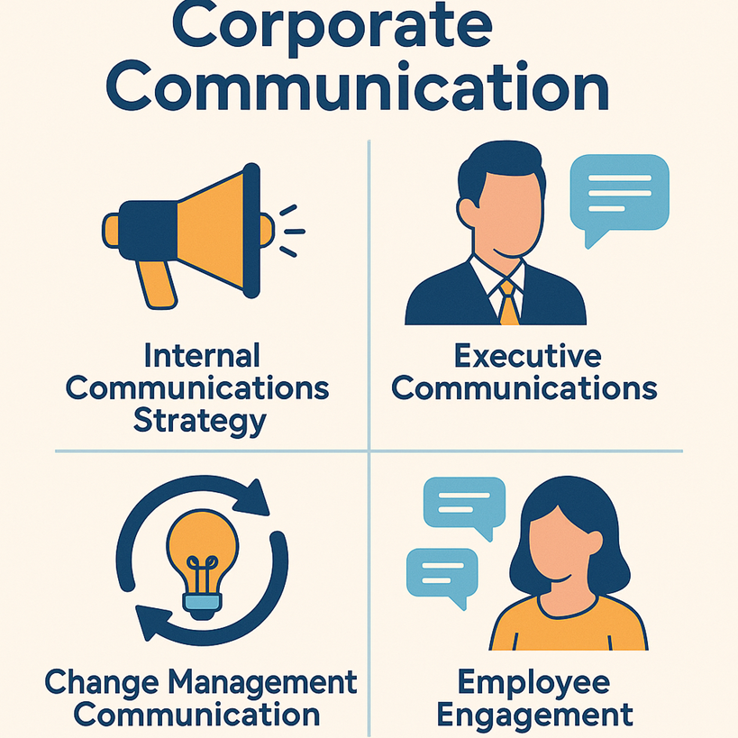 Corporate communication infographic showing internal communication strategy, executive communication, change management communication, and employee engagement.
